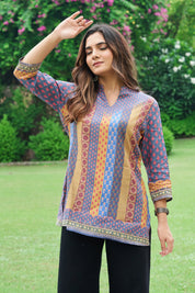 Blue & Mustard Panel Muslin Short Kurti