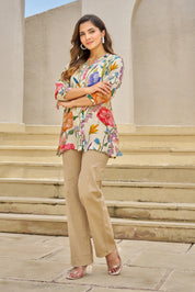 White Base Multicolor Embellished Floral Muslin Tunic