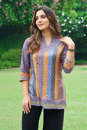 Blue & Mustard Panel Muslin Short Kurti