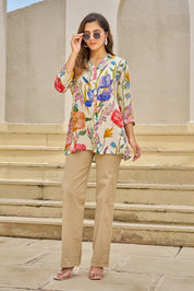 White Base Multicolor Embellished Floral Muslin Tunic