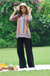 Blue & Mustard Panel Muslin Short Kurti