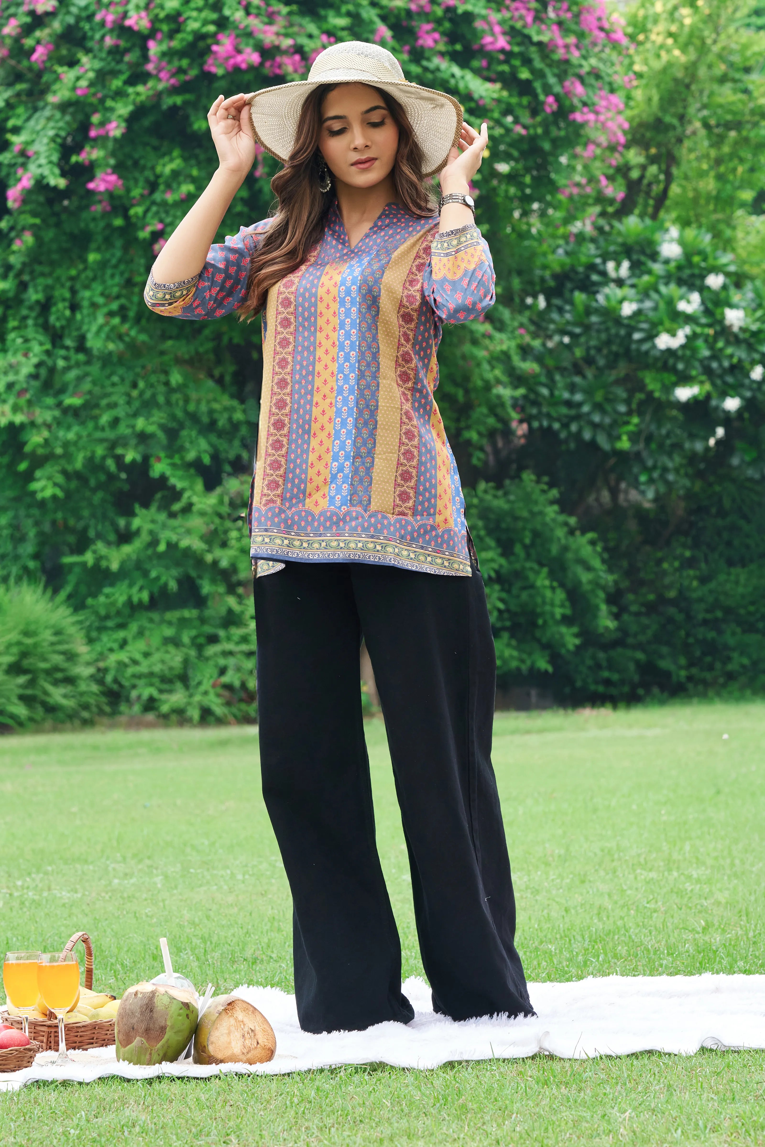 Blue & Mustard Panel Muslin Short Kurti