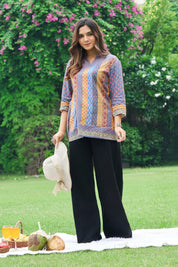 Blue & Mustard Panel Muslin Short Kurti