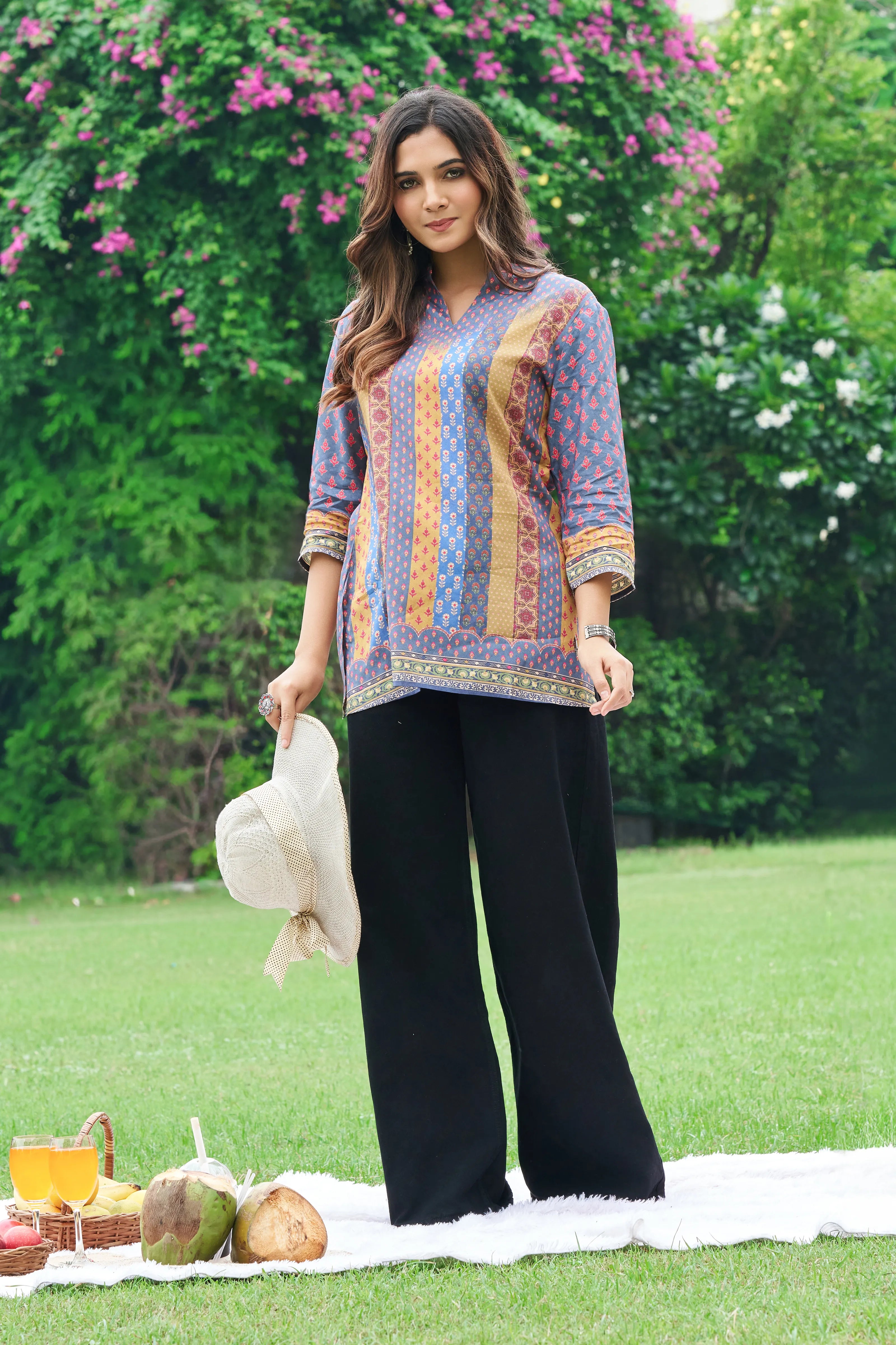 Blue & Mustard Panel Muslin Short Kurti