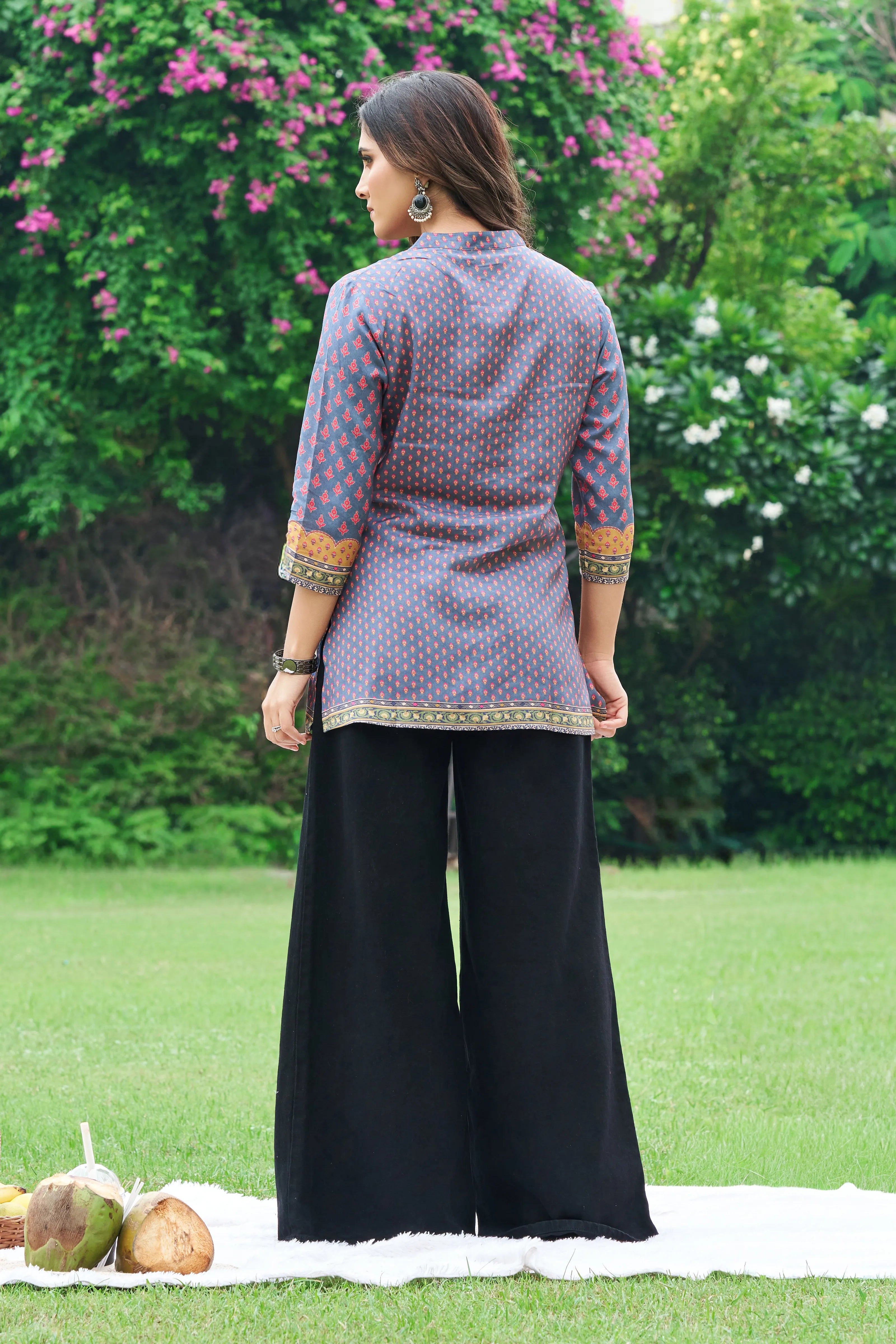 Blue & Mustard Panel Muslin Short Kurti