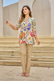 White Base Multicolor Embellished Floral Muslin Tunic