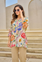 White Base Multicolor Embellished Floral Muslin Tunic