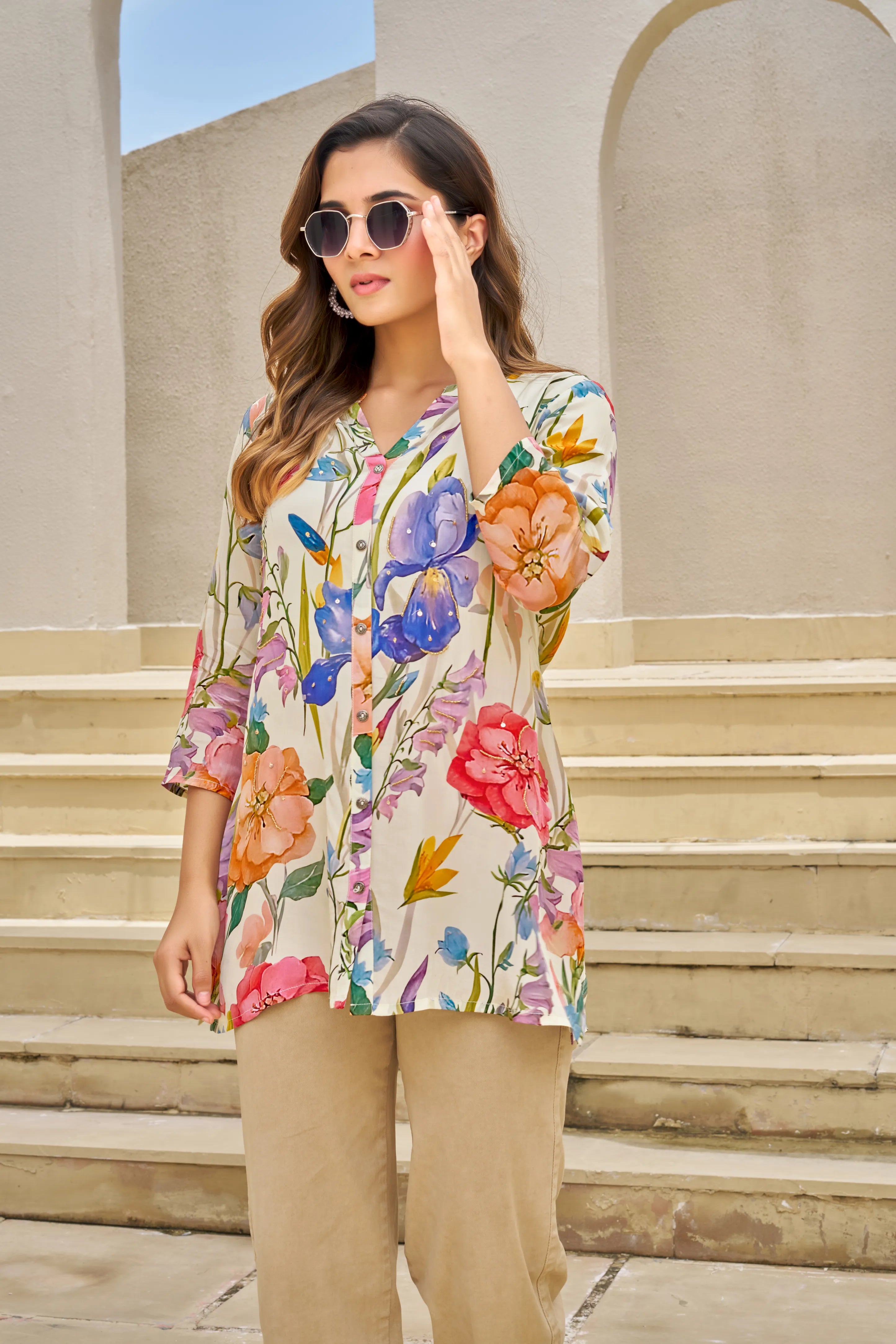 White Base Multicolor Embellished Floral Muslin Tunic
