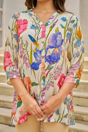 White Base Multicolor Embellished Floral Muslin Tunic