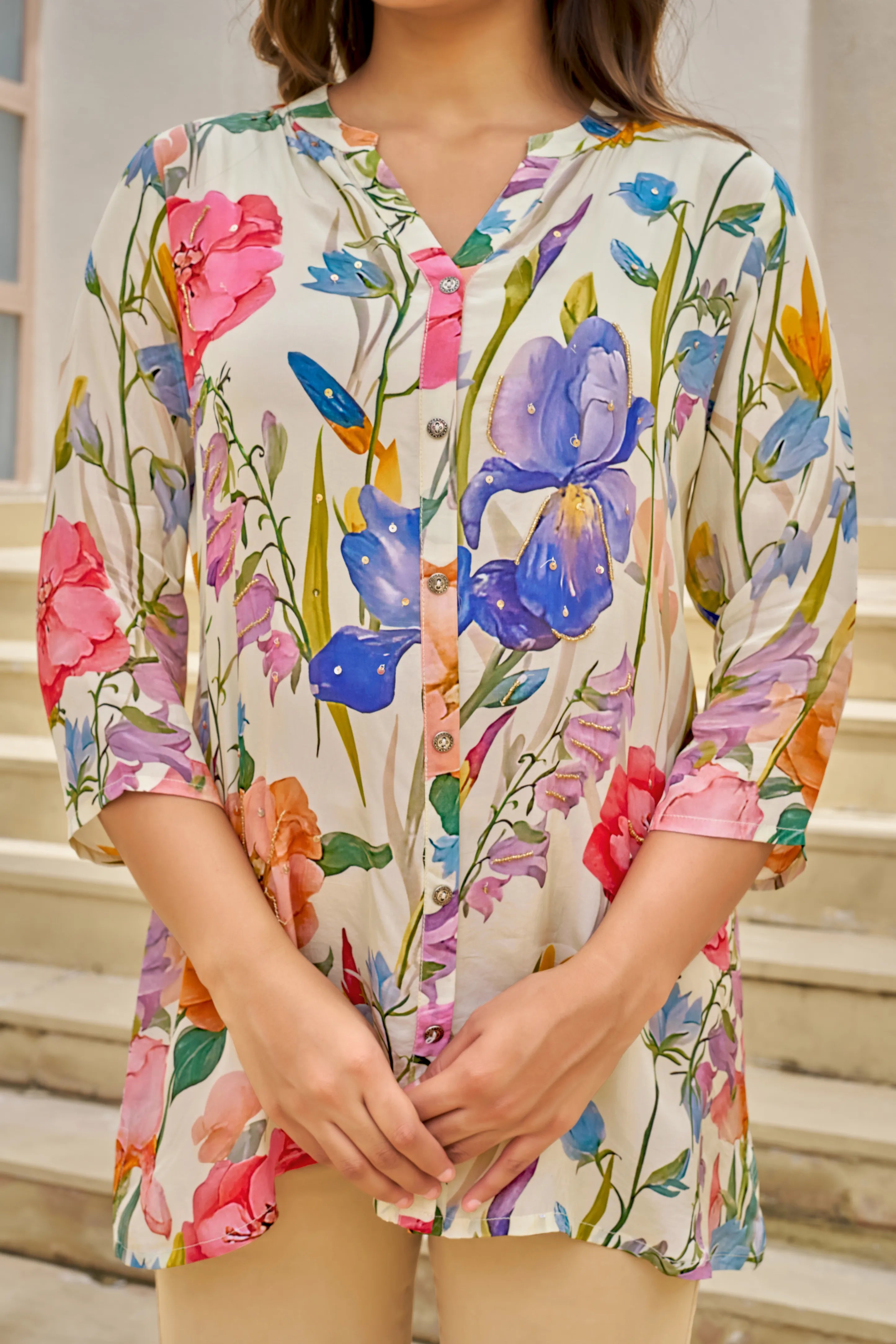 White Base Multicolor Embellished Floral Muslin Tunic
