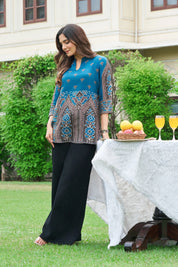 Royal Blue & Brown Motif Printed Muslin Short Kurti