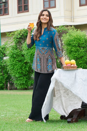 Royal Blue & Brown Motif Printed Muslin Short Kurti