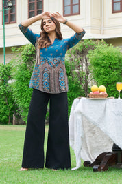 Royal Blue & Brown Motif Printed Muslin Short Kurti