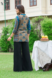 Royal Blue & Brown Motif Printed Muslin Short Kurti