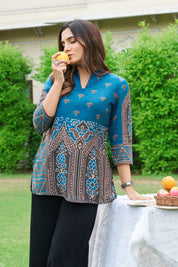 Royal Blue & Brown Motif Printed Muslin Short Kurti