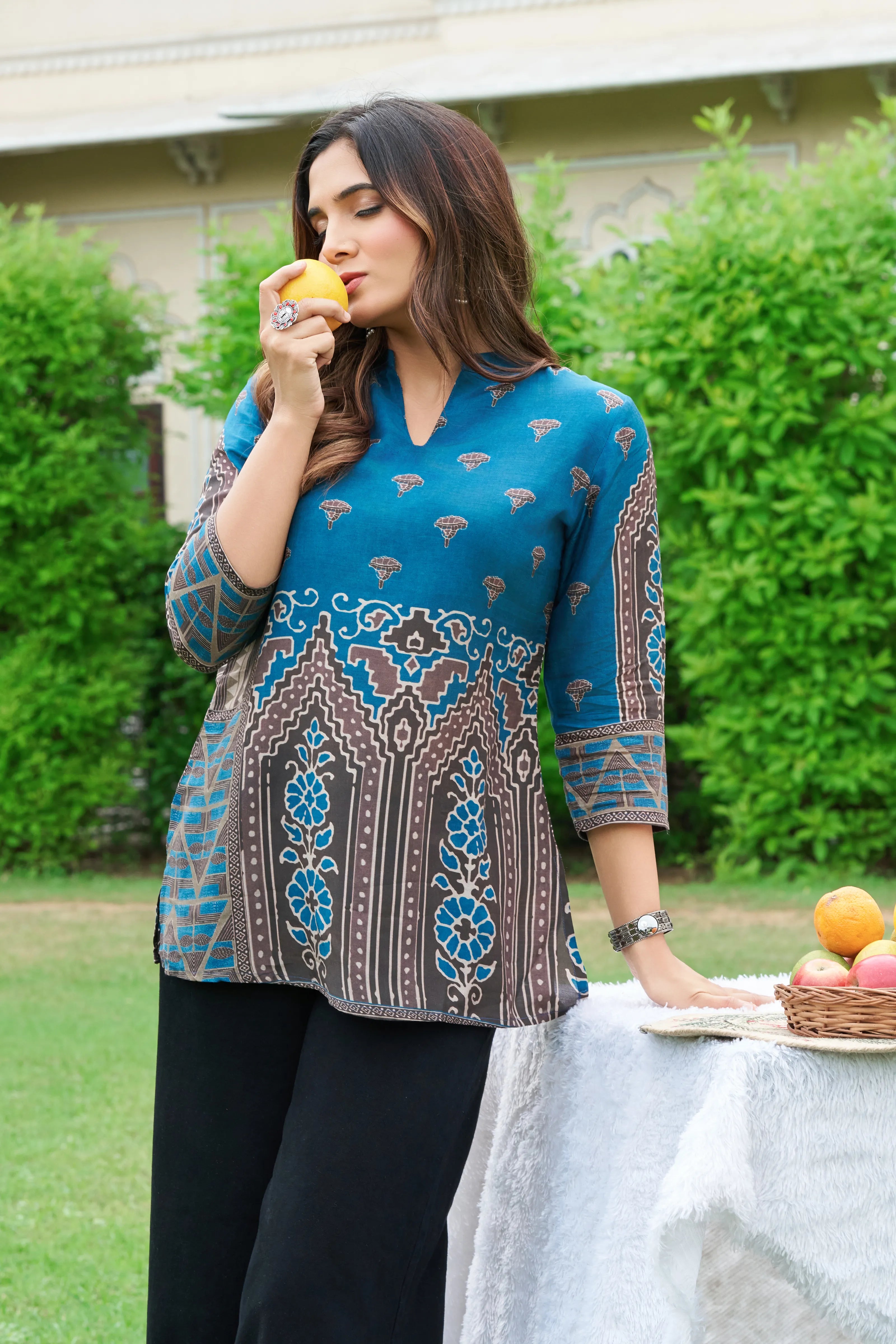 Royal Blue & Brown Motif Printed Muslin Short Kurti