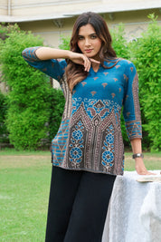 Royal Blue & Brown Motif Printed Muslin Short Kurti