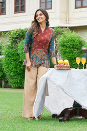 Brick Red & Navy Blue Muslin Short Kurti