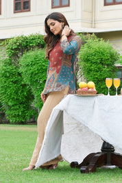 Brick Red & Navy Blue Muslin Short Kurti