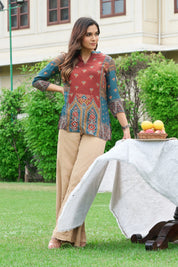Brick Red & Navy Blue Muslin Short Kurti