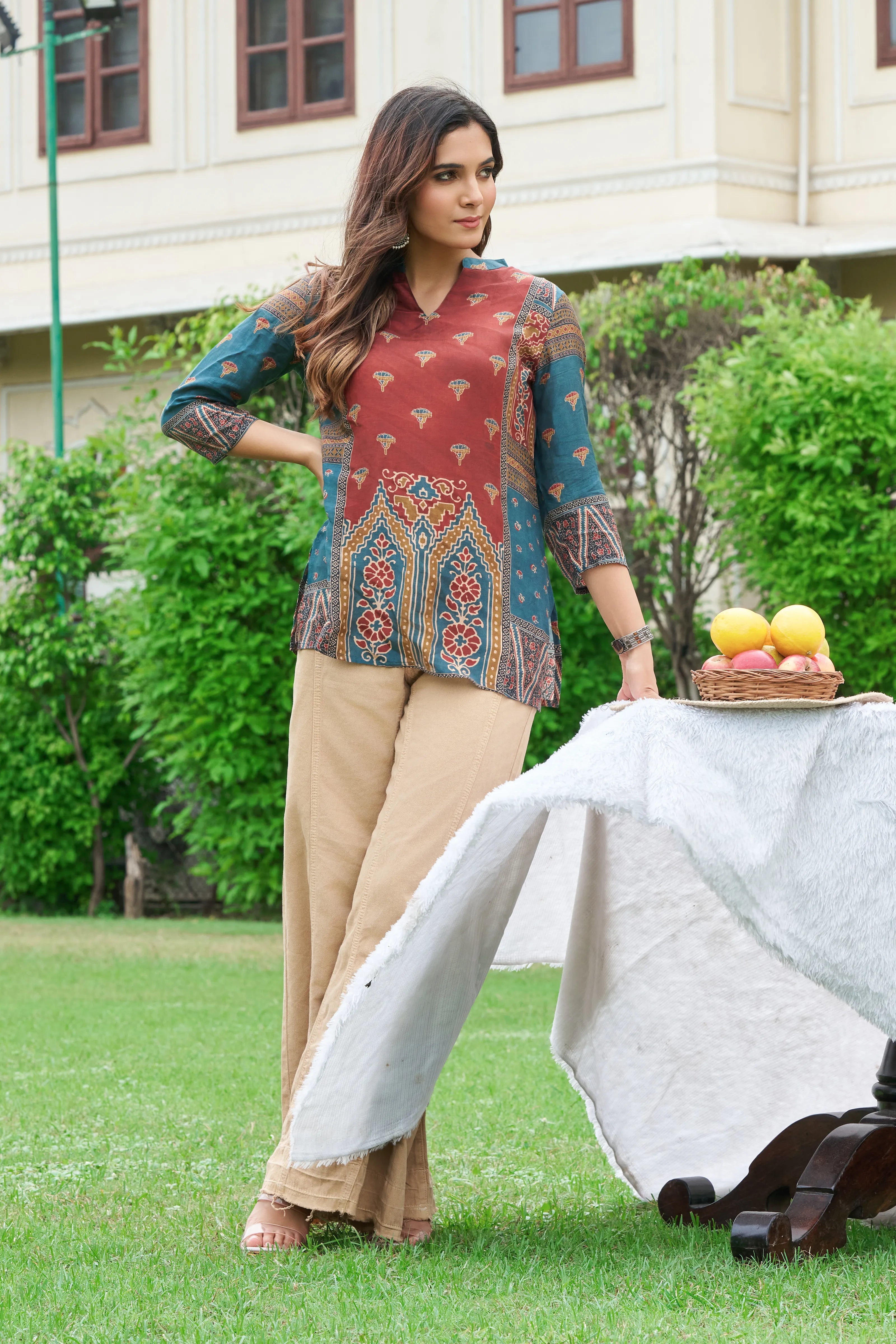 Brick Red & Navy Blue Muslin Short Kurti