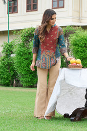 Brick Red & Navy Blue Muslin Short Kurti