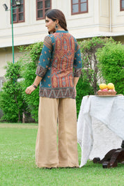 Brick Red & Navy Blue Muslin Short Kurti