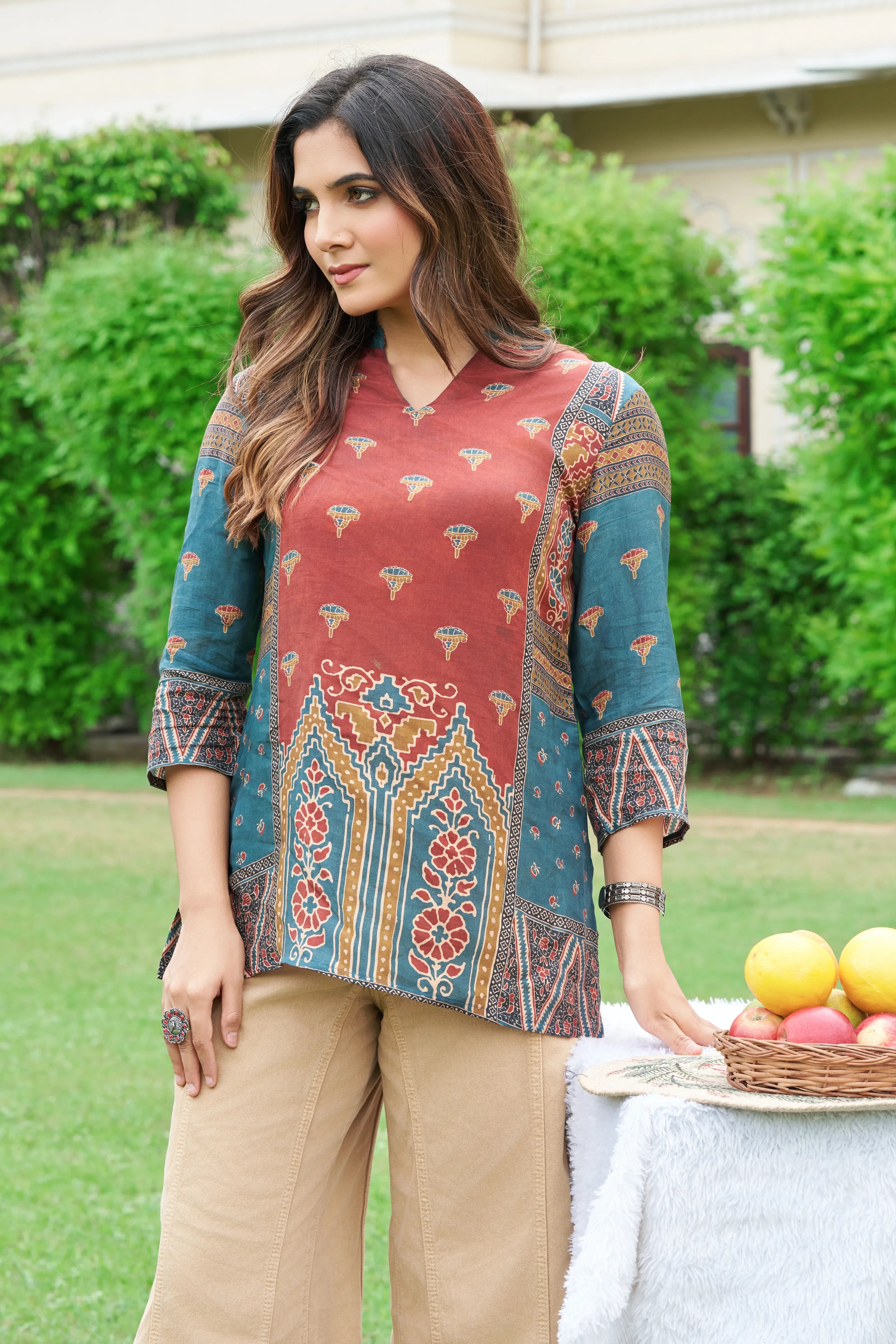 Brick Red & Navy Blue Muslin Short Kurti