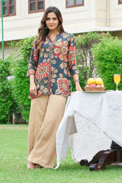 Indigo Base Ajrakh Printed Muslin Short Kurti