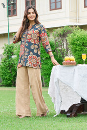 Indigo Base Ajrakh Printed Muslin Short Kurti