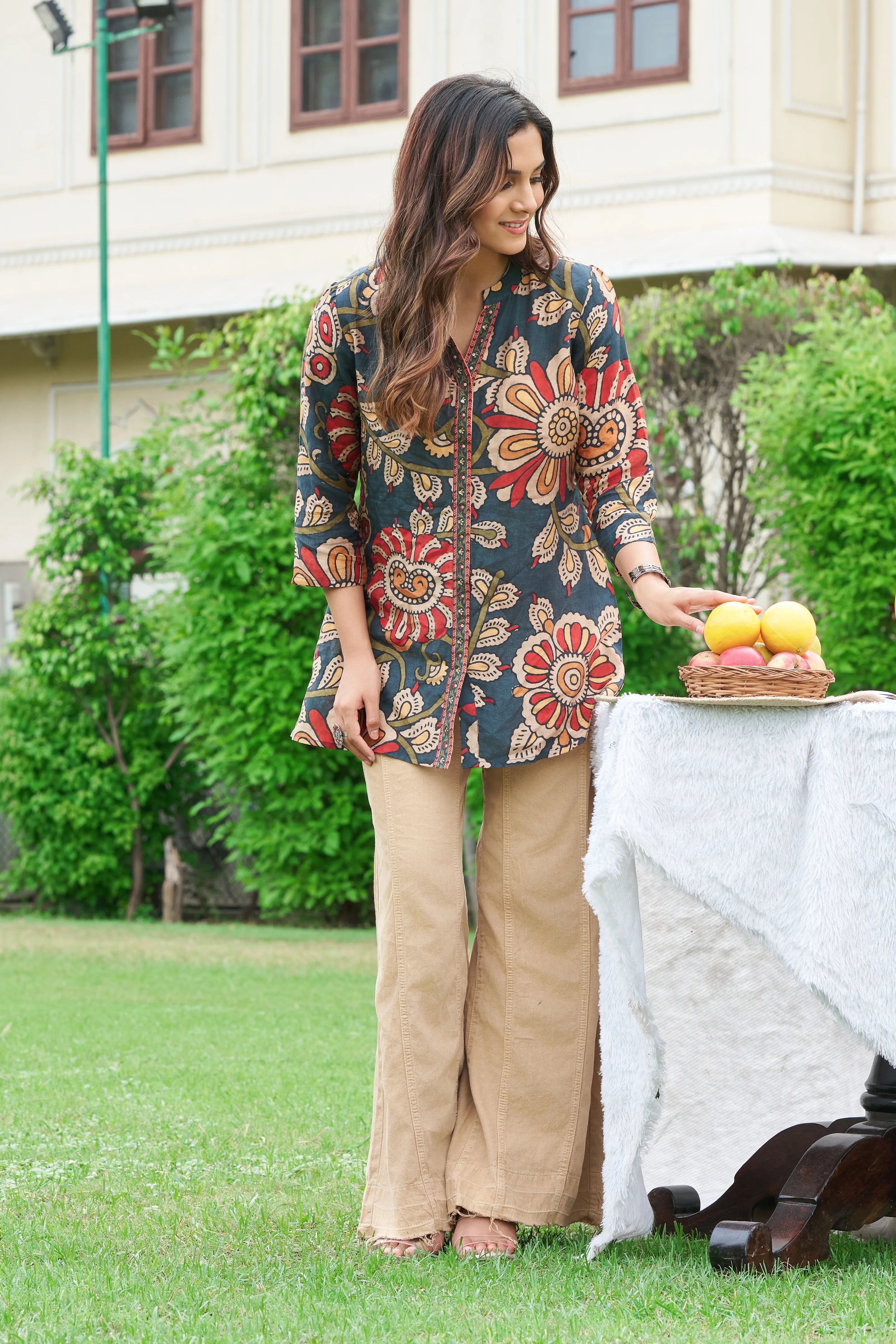 Indigo Base Ajrakh Printed Muslin Short Kurti