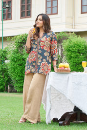 Indigo Base Ajrakh Printed Muslin Short Kurti