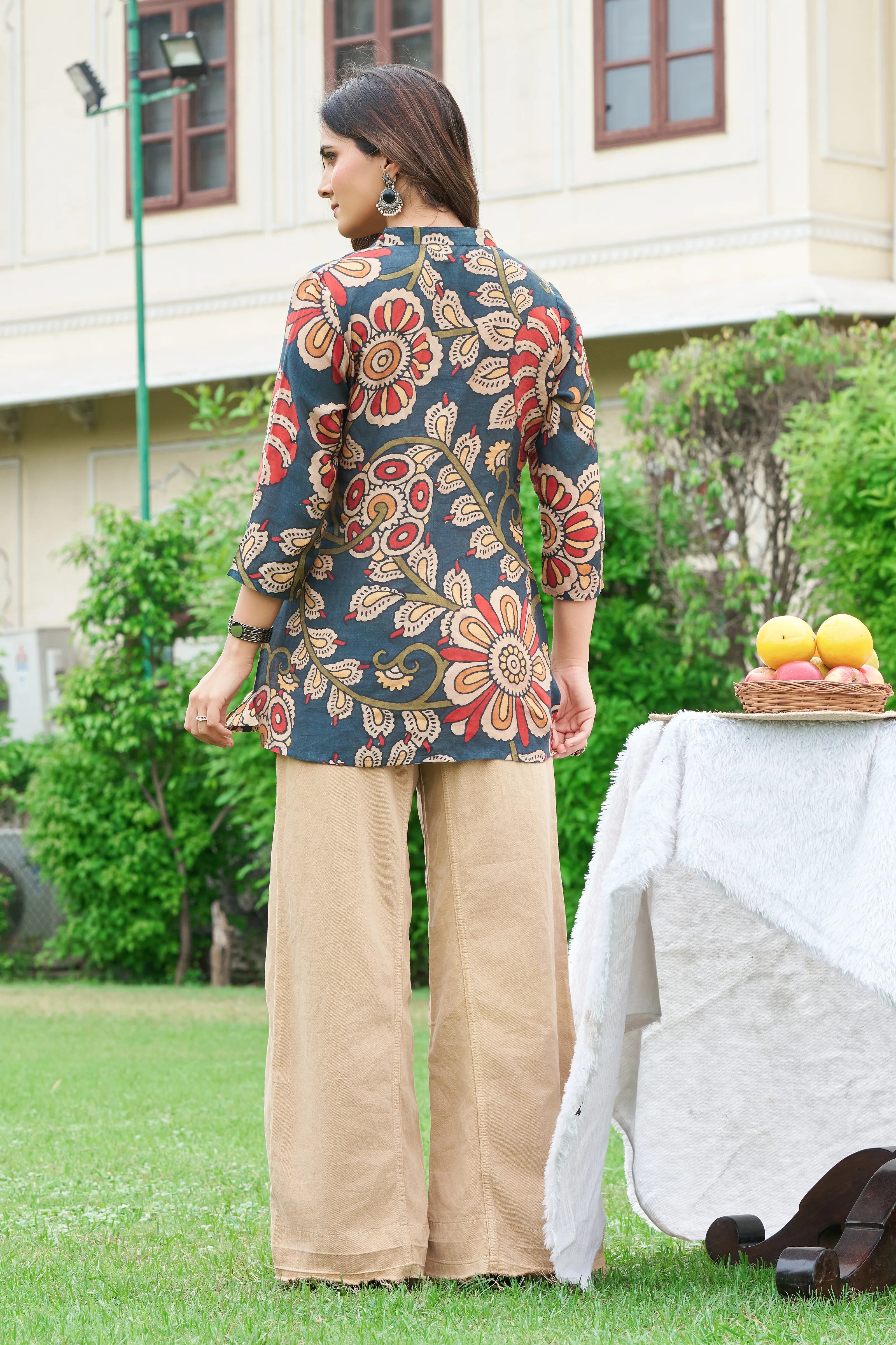 Indigo Base Ajrakh Printed Muslin Short Kurti