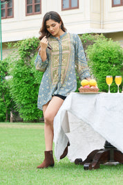 Navy Blue & Green Heritage Block Panel Tunic in Viscose Silk