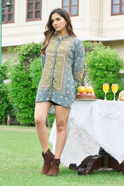 Navy Blue & Green Heritage Block Panel Tunic in Viscose Silk