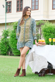 Navy Blue & Green Heritage Block Panel Tunic in Viscose Silk