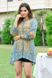 Navy Blue & Green Heritage Block Panel Tunic in Viscose Silk