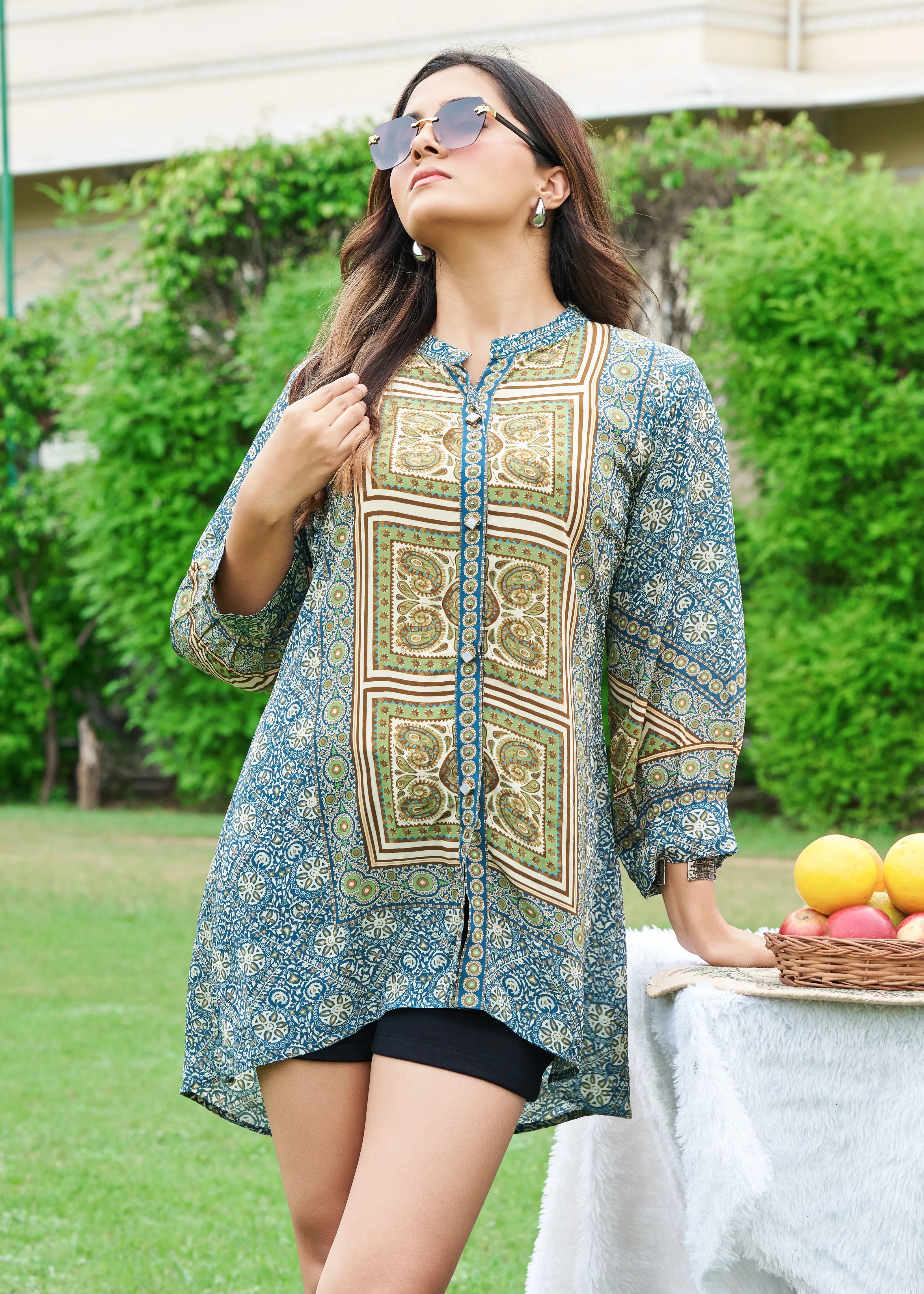 Navy Blue & Green Heritage Block Panel Tunic in Viscose Silk