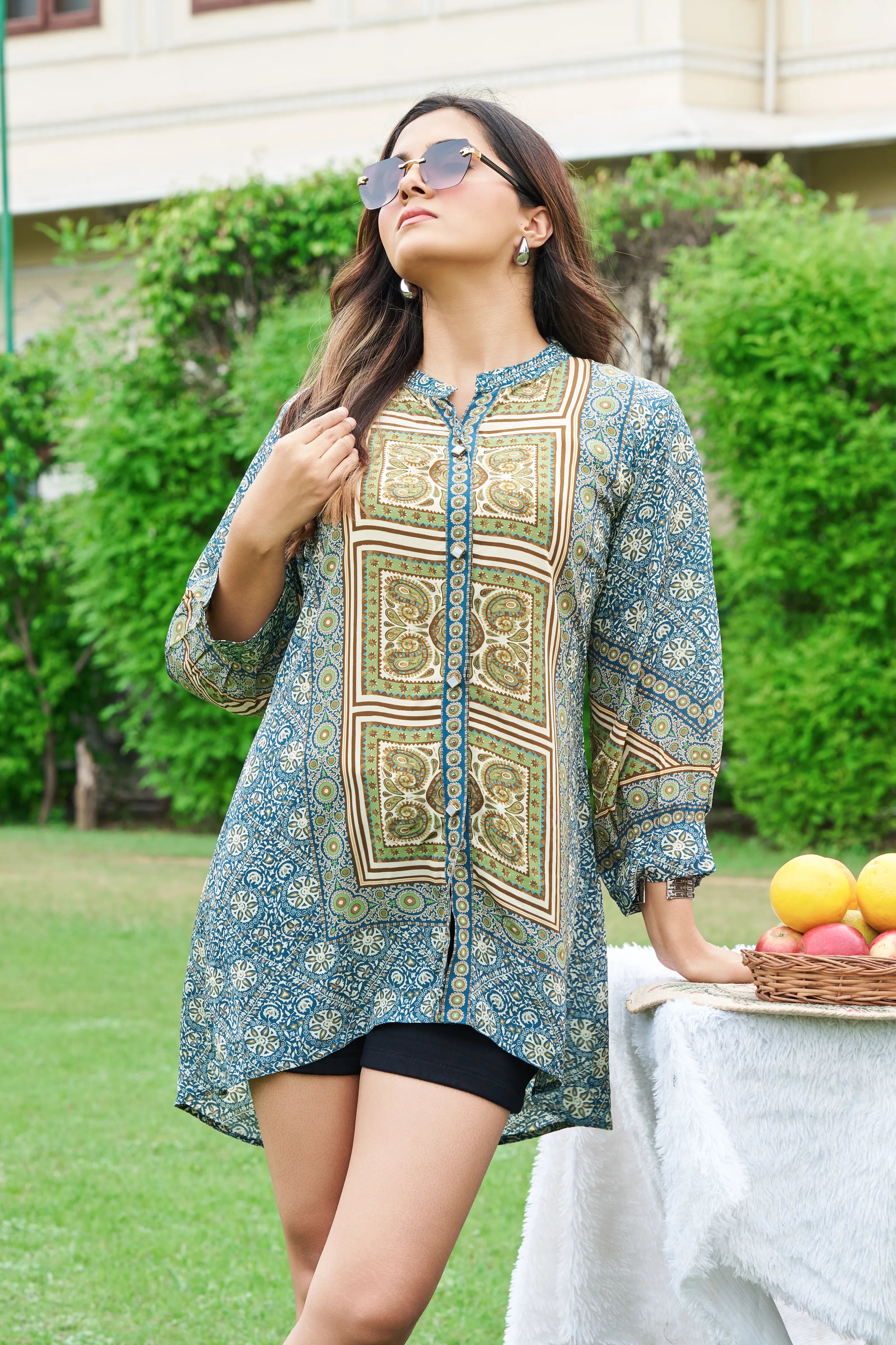 Navy Blue & Green Heritage Block Panel Tunic in Viscose Silk