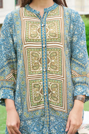 Navy Blue & Green Heritage Block Panel Tunic in Viscose Silk