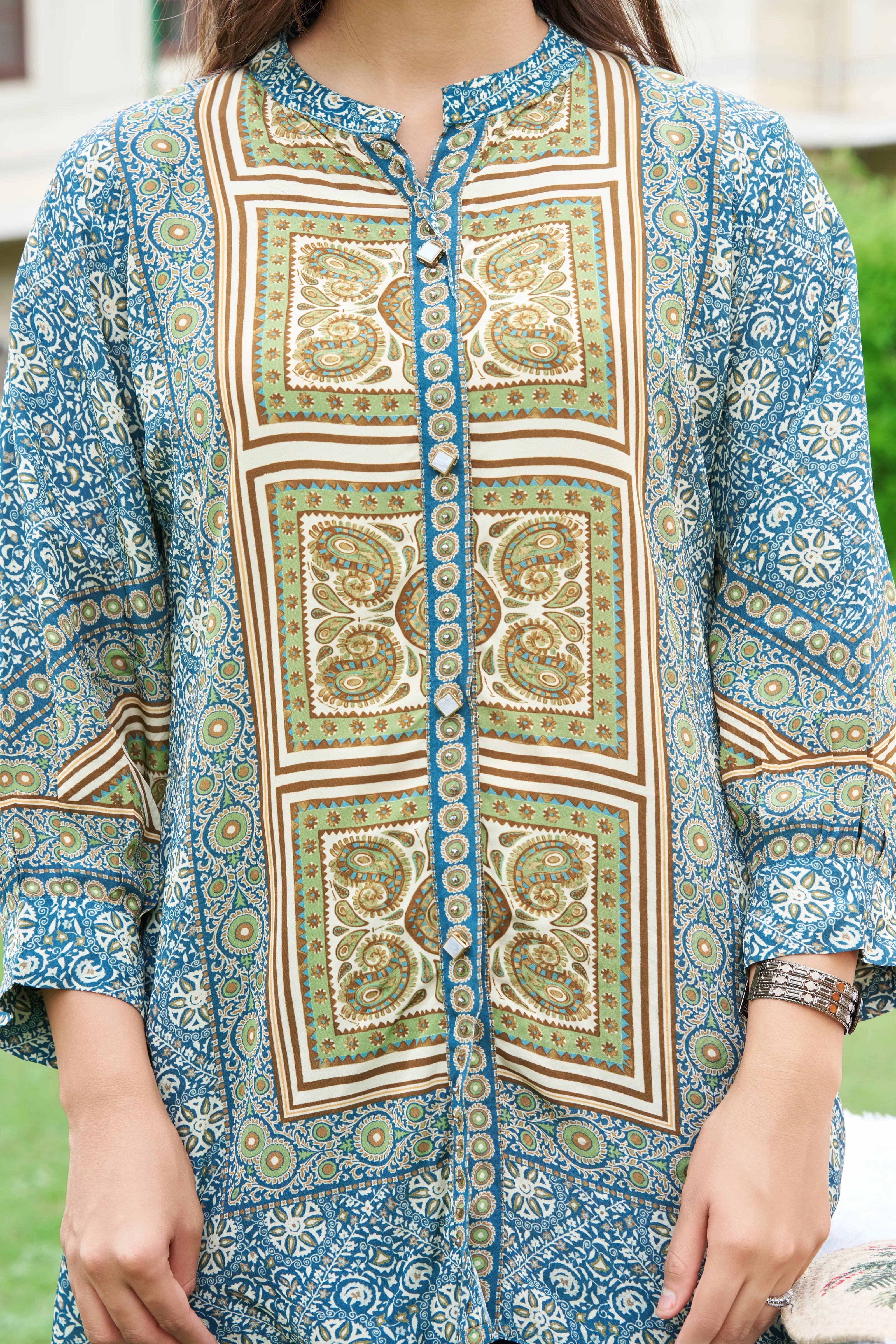 Navy Blue & Green Heritage Block Panel Tunic in Viscose Silk