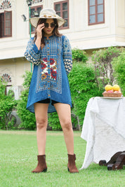 Dark Blue Printed Tunic in Viscose Silk