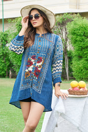 Dark Blue Printed Tunic in Viscose Silk