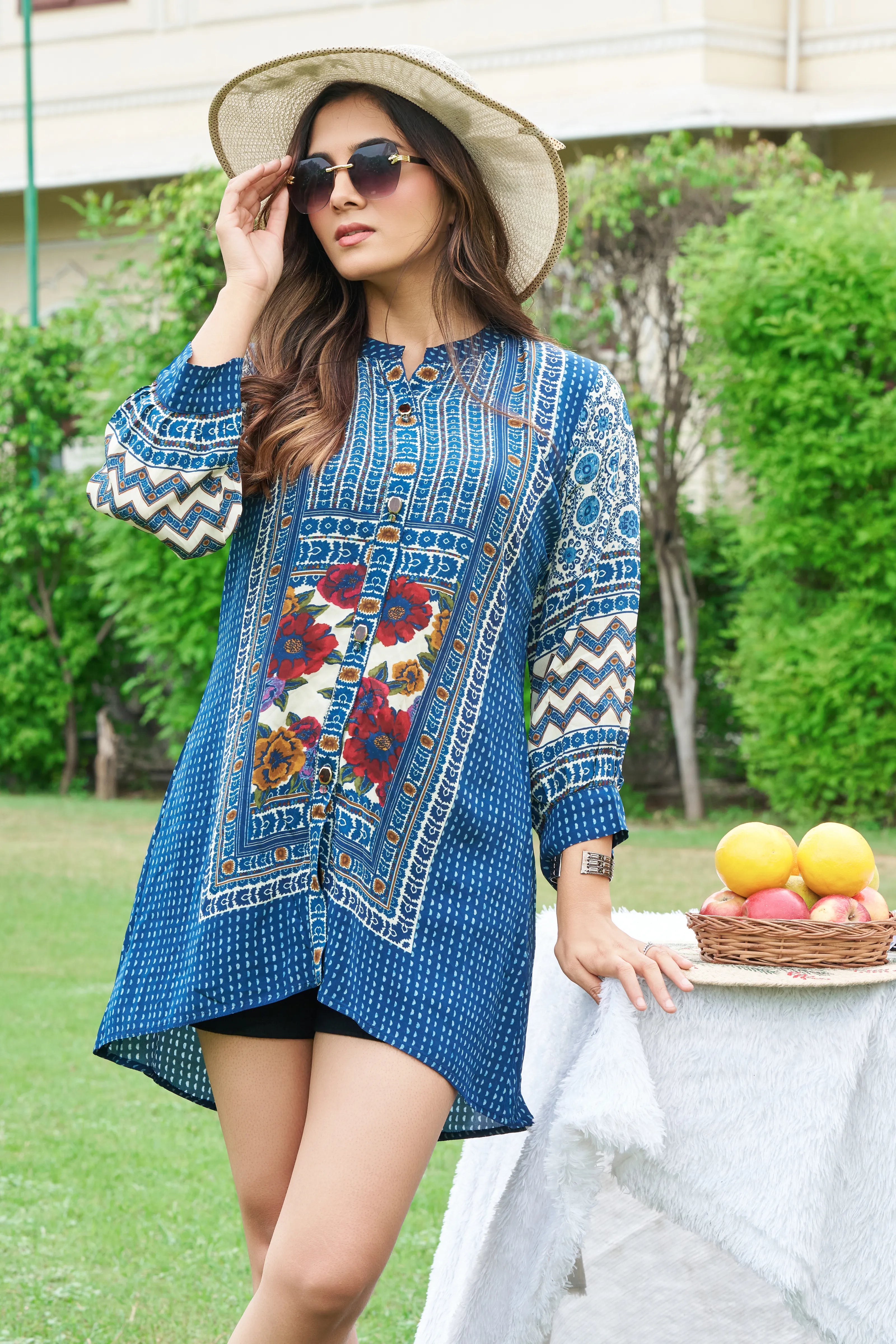 Dark Blue Printed Tunic in Viscose Silk