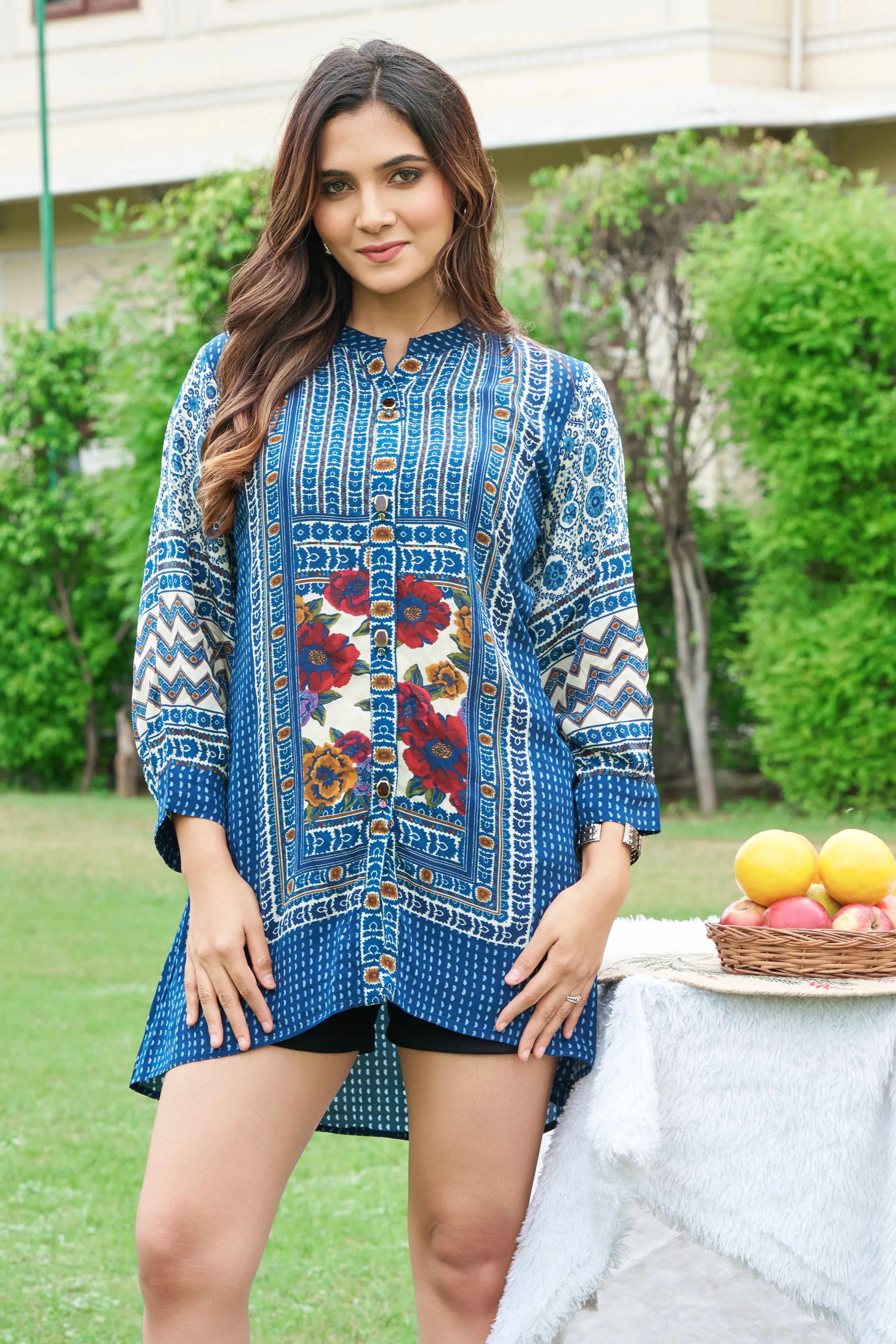 Dark Blue Printed Tunic in Viscose Silk