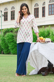 Pink Floral Cotton Cambric Short Kurti