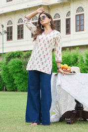 Pink Floral Cotton Cambric Short Kurti