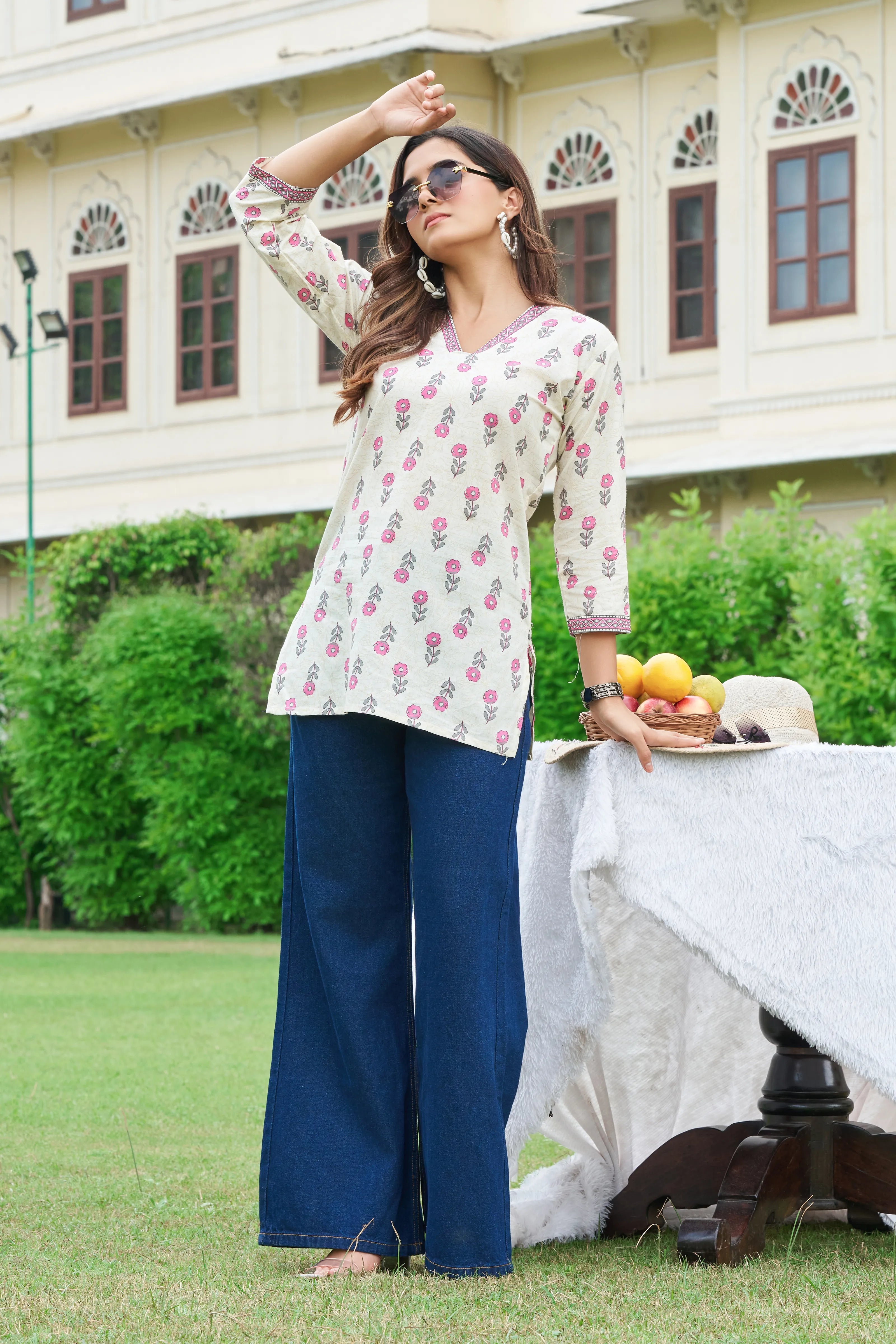 Pink Floral Cotton Cambric Short Kurti