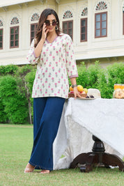 Pink Floral Cotton Cambric Short Kurti