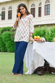 Pink Floral Cotton Cambric Short Kurti